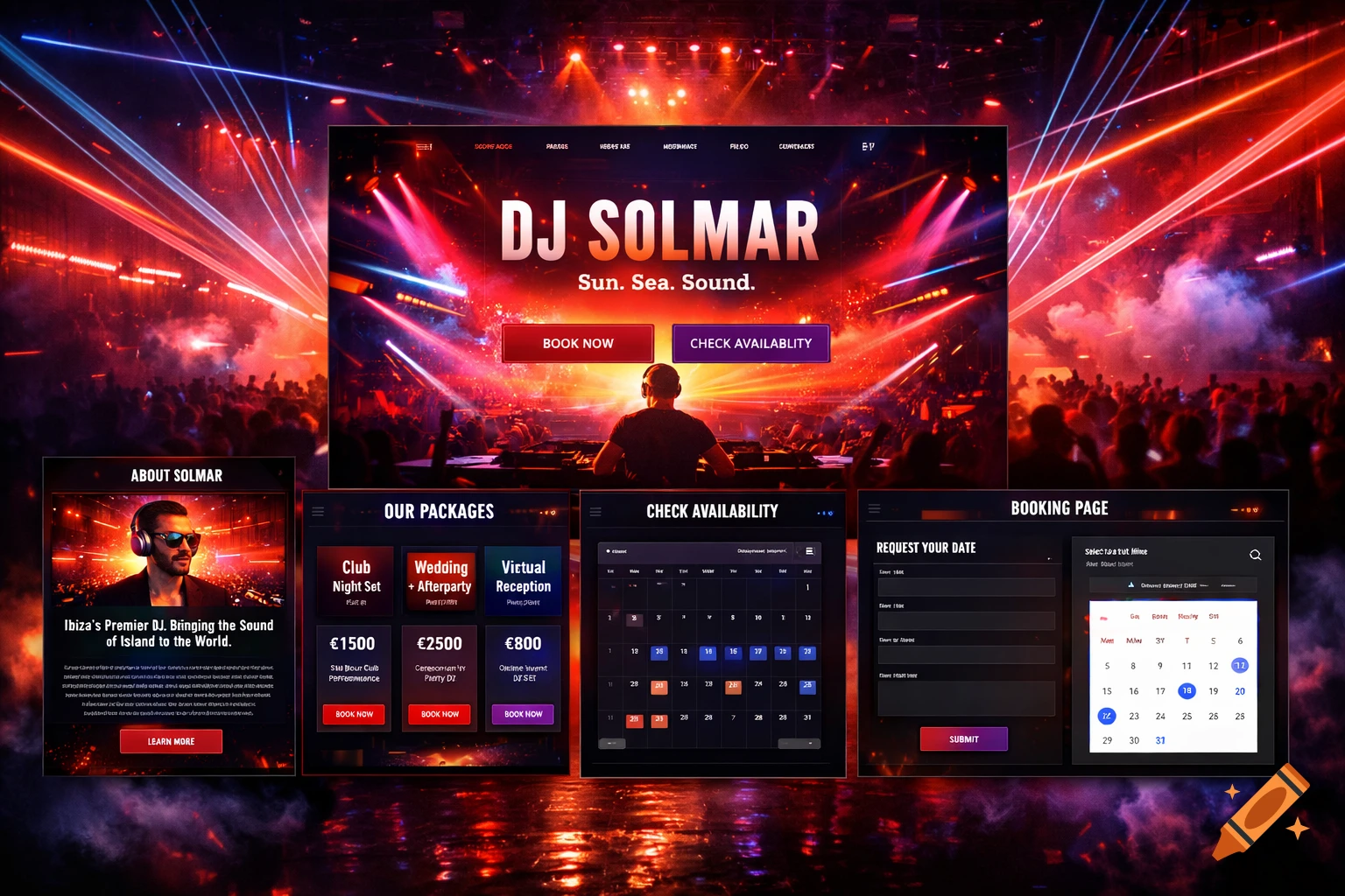 Website design presentation mockup for DJ SOLMAR with a dark luxury nightclub theme, showing home, about, packages, availability, and booking pages.