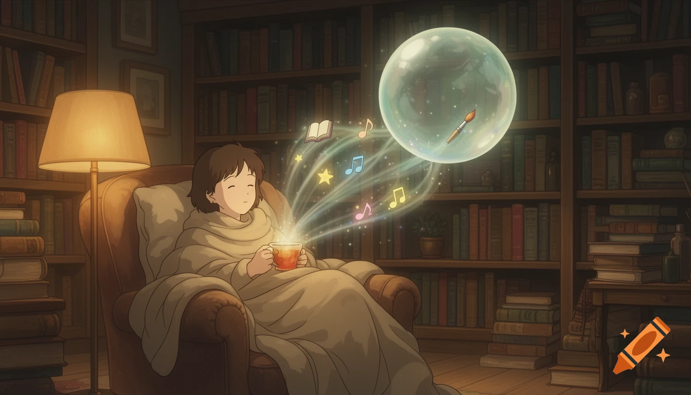 A Studio Ghibli-style digital art of a person wrapped in a blanket in an armchair, drinking tea, with a glowing orb and magic symbols.