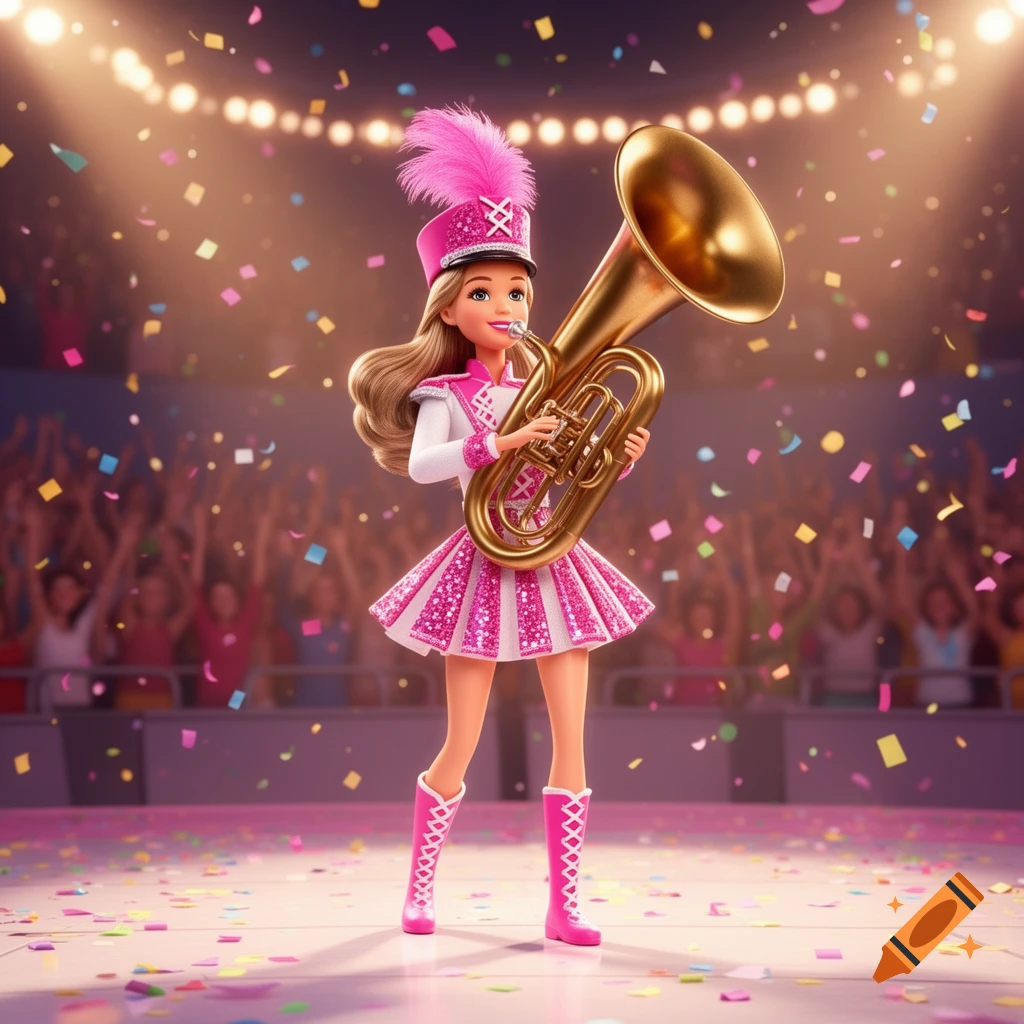 A 3D animated Barbie doll in a pink and white majorette uniform plays a golden tuba on a stage amidst falling confetti with a cheering crowd in the background.