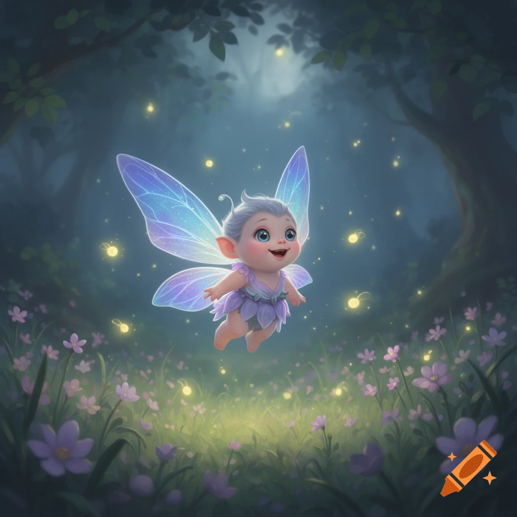 A cute baby fairy with blue wings and purple outfit smiles, flying over purple flowers and glowing fireflies in a magical forest.