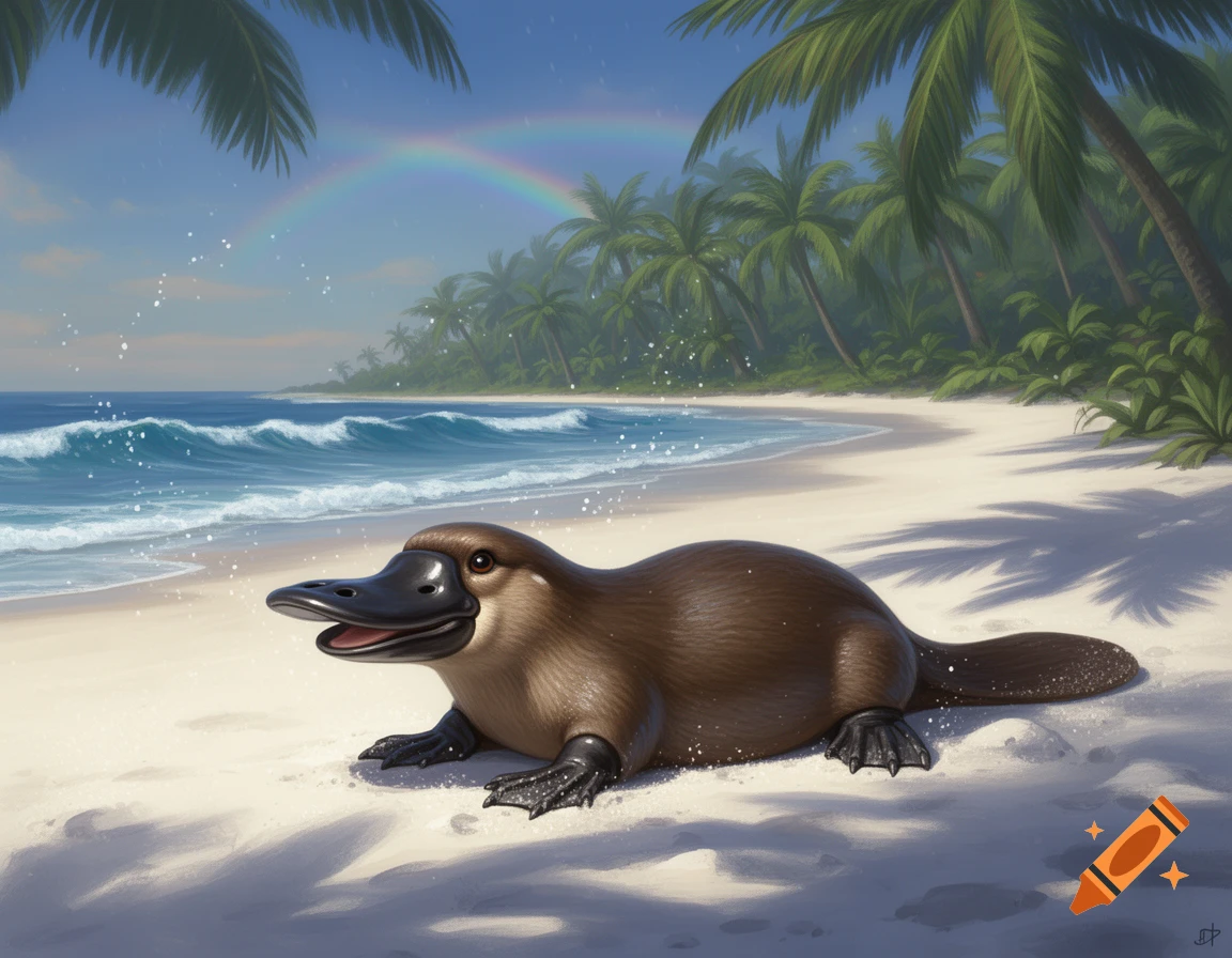 A platypus lies on a sunny tropical beach with ocean waves, palm trees, and a rainbow in the sky. Digital painting.