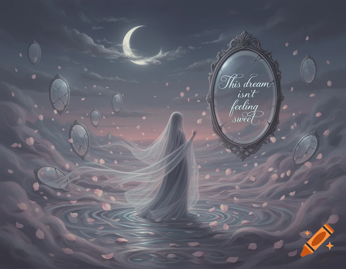 A veiled figure stands in a dreamlike landscape of swirling water and clouds, surrounded by floating broken mirrors and falling pink petals under a crescent moon. Text in a large mirror reads "This dream isn't feeling sweet".