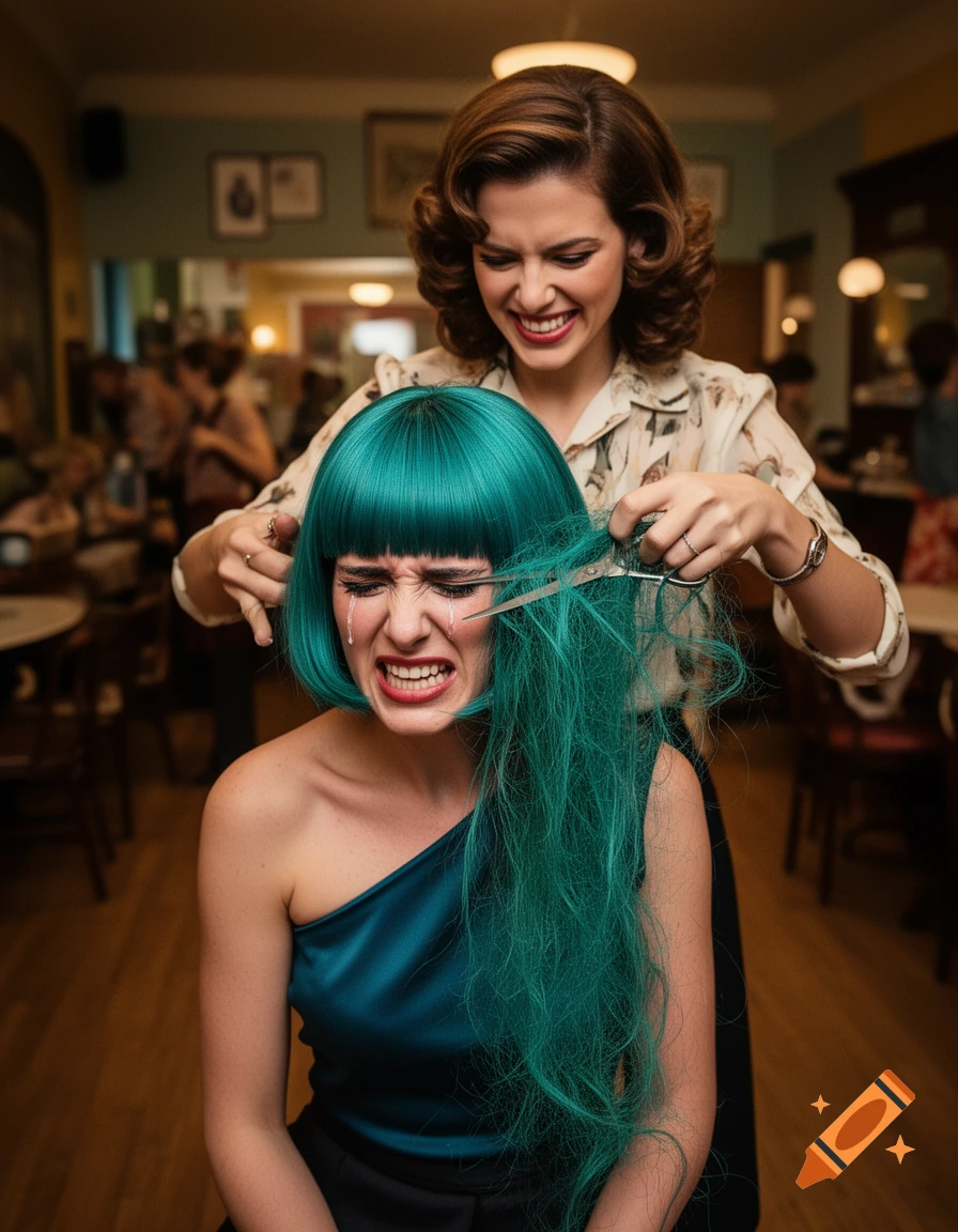 A woman with retro hair smiles while cutting the long teal hair of a crying woman in a salon.