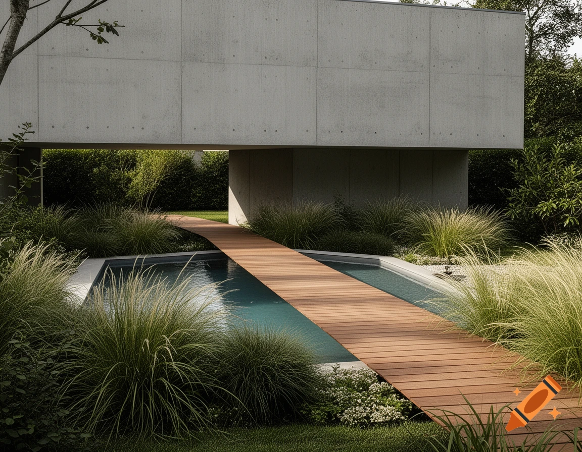 A modern minimalist garden with an elevated concrete house, a wooden walkway over a pool, and ornamental grasses. Photorealistic style.