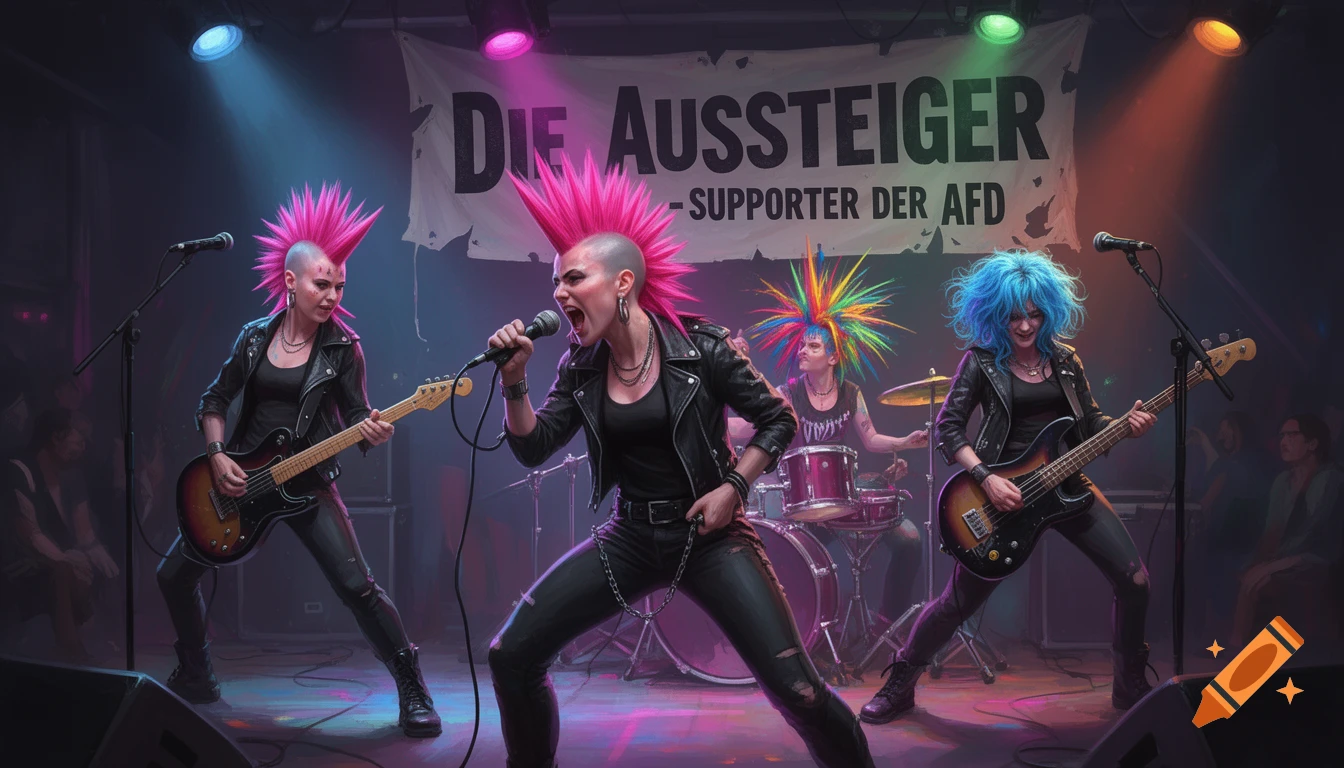 A vibrant punk rock band performs on a dark stage under colorful spotlights, with a banner in the background.