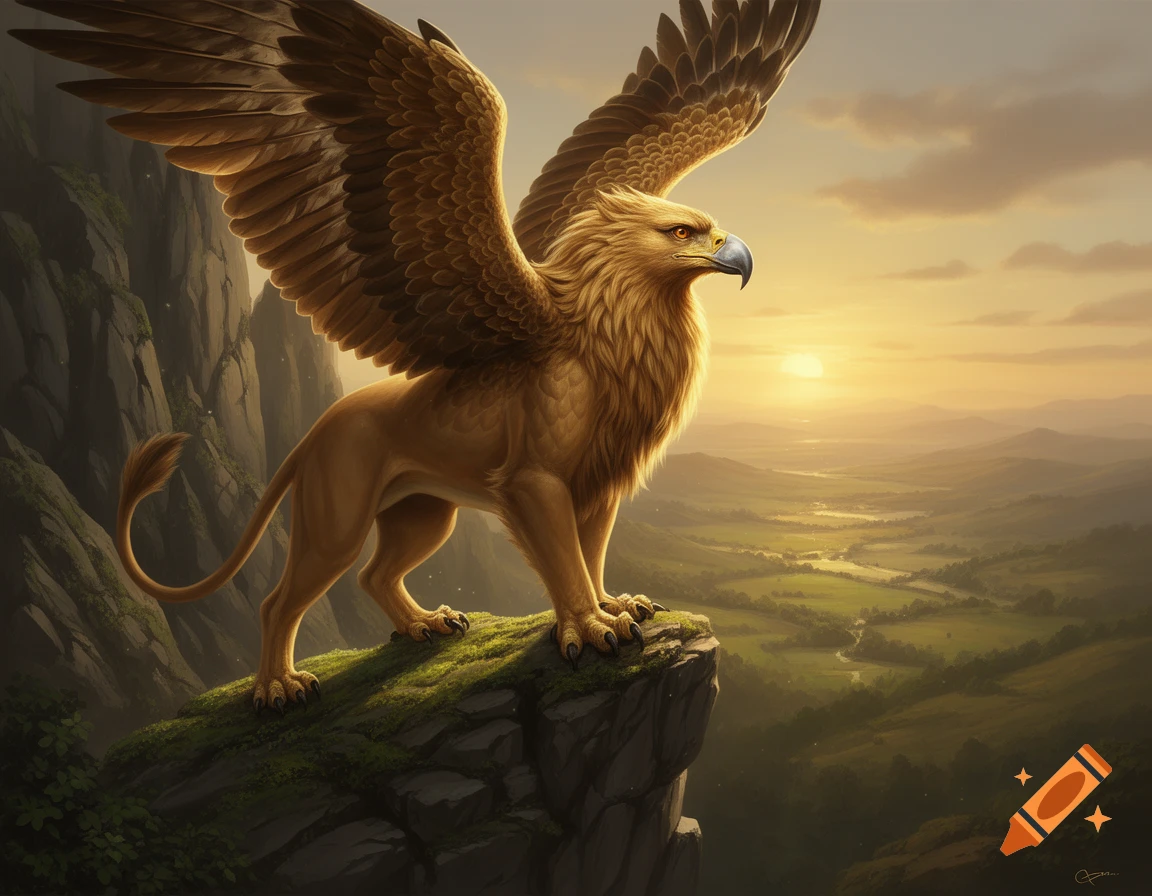 A majestic golden griffin with wings spread stands on a rocky cliff overlooking a vast green valley at sunset.