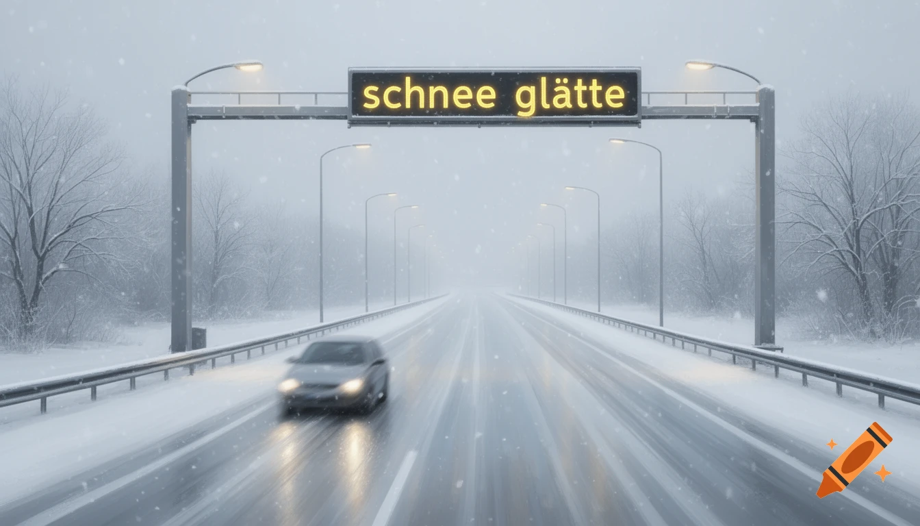 A car drives on a snowy highway with an overhead sign displaying "schnee gl b(snow ice)".