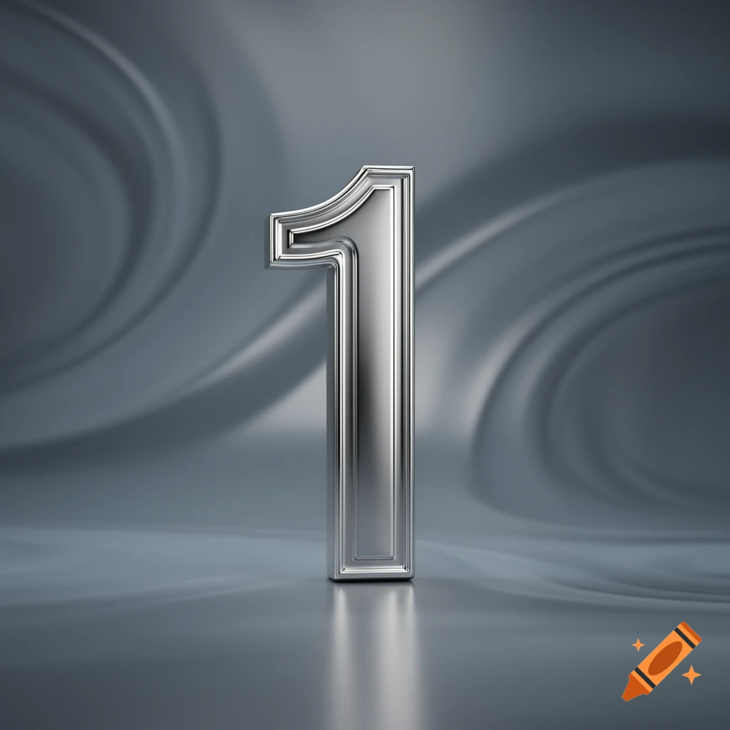 A silver, metallic number 1 stands on a reflective surface against a blurred, swirling grey background.