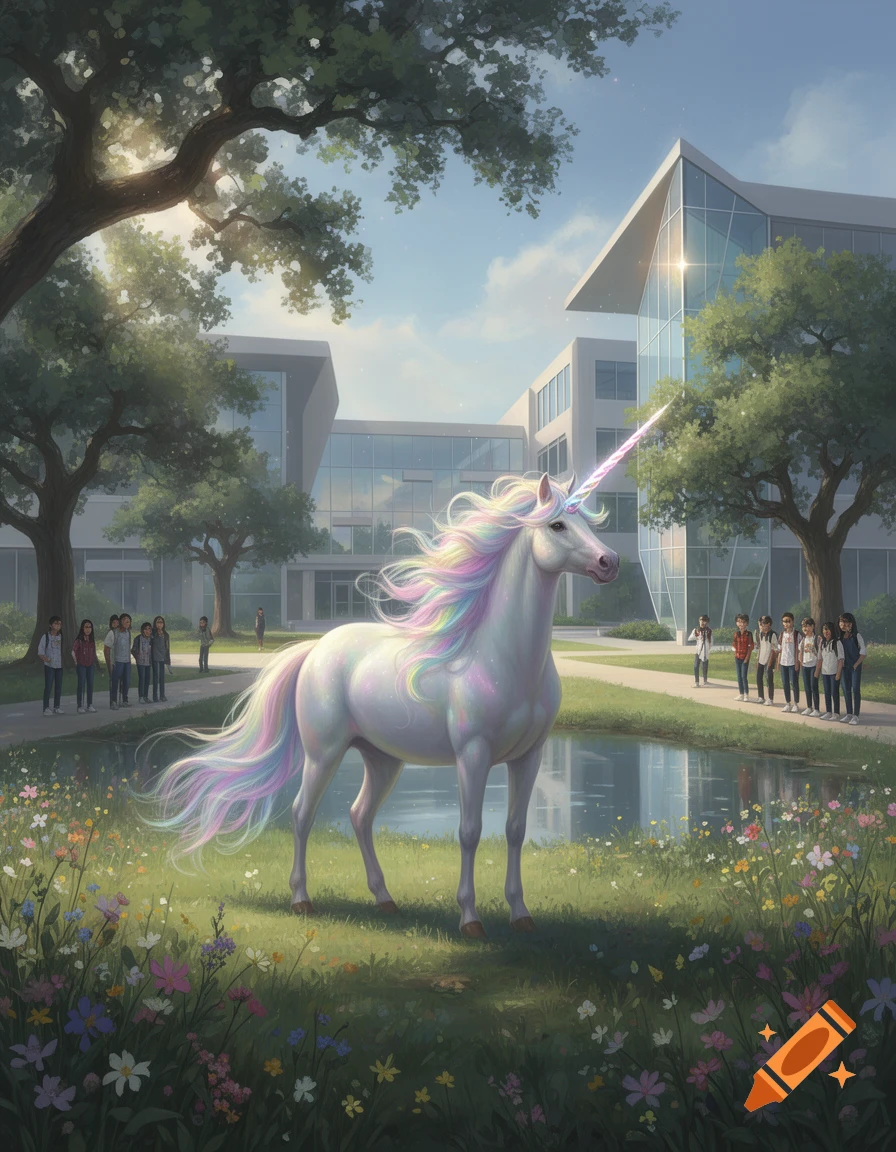 A majestic white unicorn with a rainbow mane and tail stands in a grassy field with wildflowers in front of modern school buildings, with students nearby.