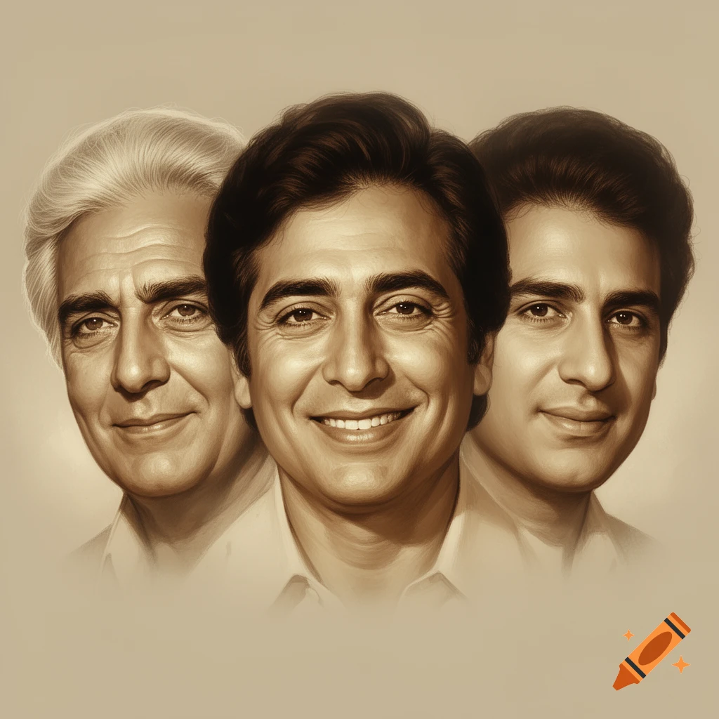 Three sepia-toned male portraits, blending from an older man with white hair to a younger man with dark hair, all smiling.