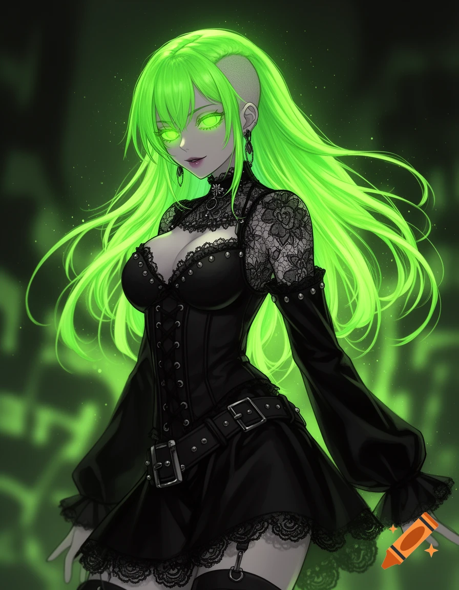 A pale anime woman with glowing neon green hair, shaved sides, and glowing green eyes, wearing a black gothic corset and lace dress.