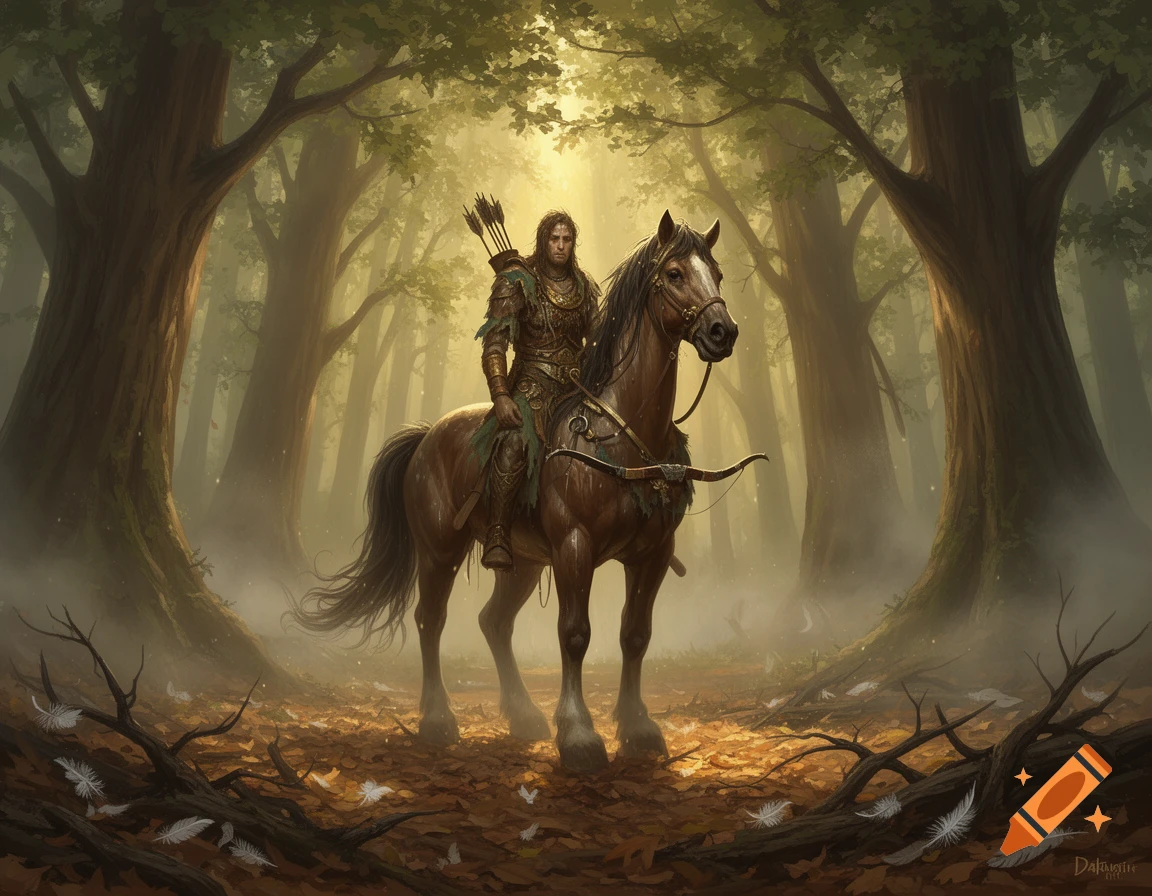 A warrior with a bow and quiver rides a brown horse through a sun-dappled, misty forest filled with tall trees and autumn leaves.