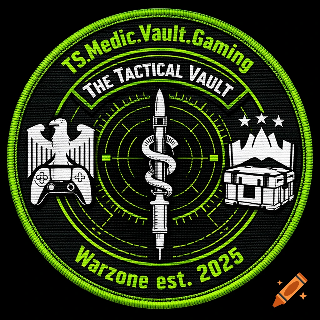 Round gaming patch with green border and text, featuring an eagle, game controller, bullet, caduceus, and treasure chest on a black background.