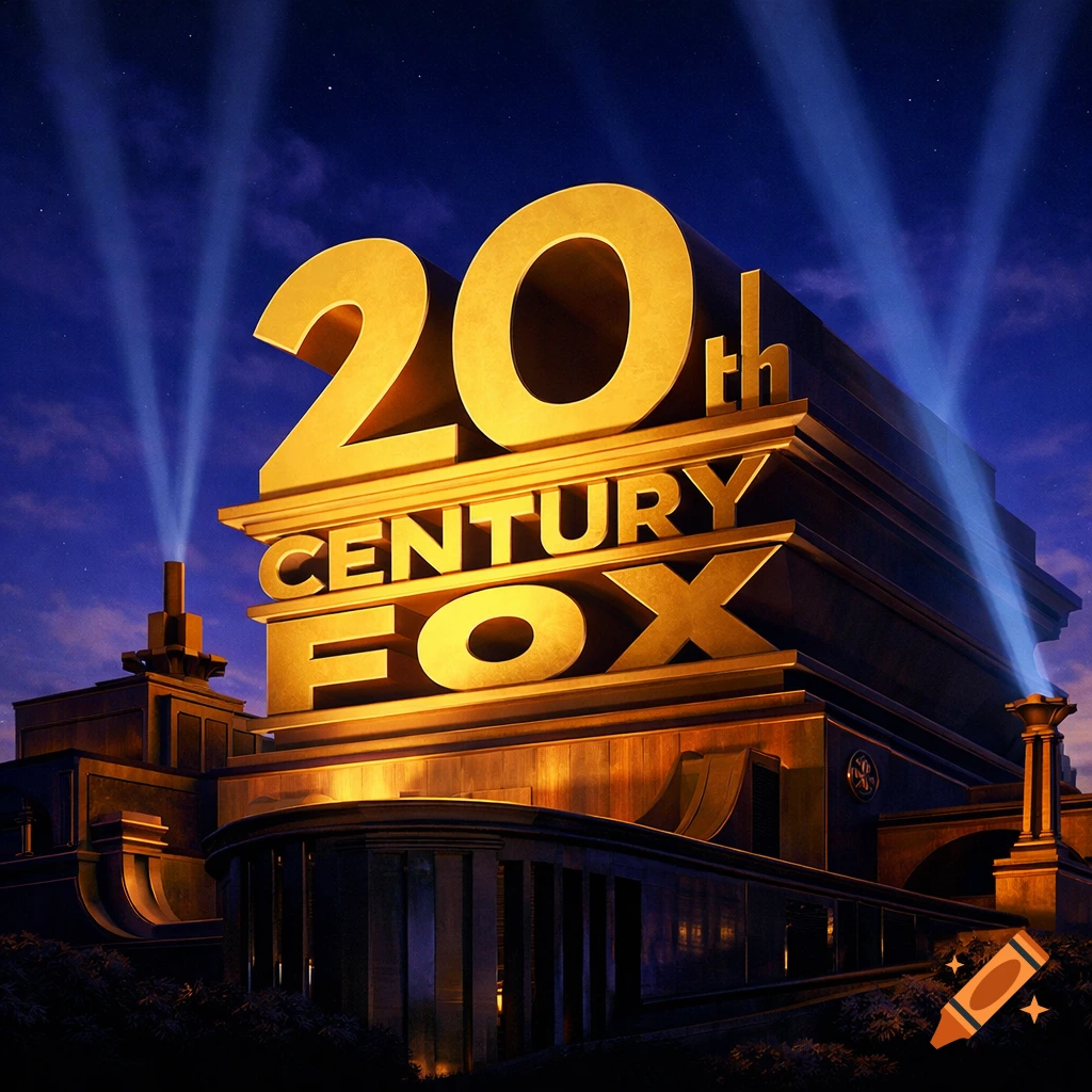 A photorealistic 3D golden 20th Century Fox logo monument at night with searchlights pointing to the sky.