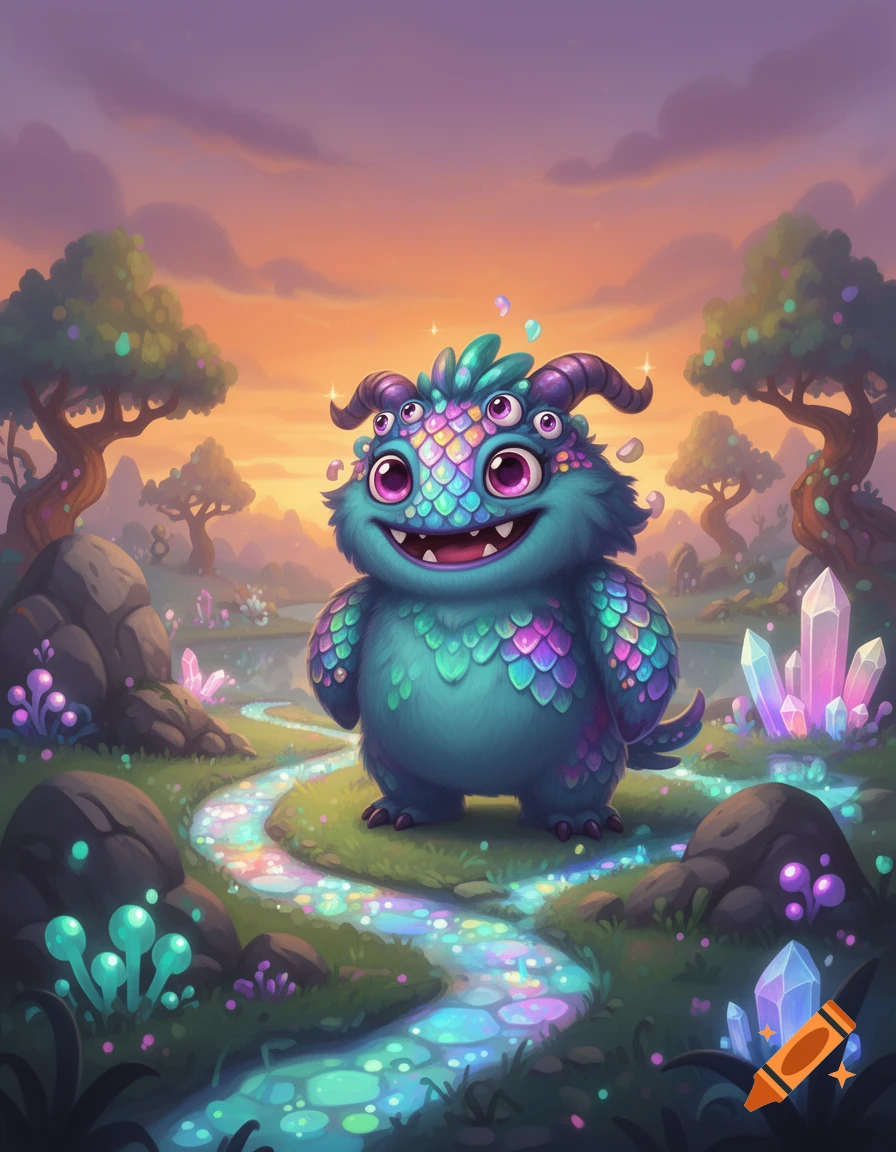 A cute, teal and purple scaly monster with multiple eyes and horns ...