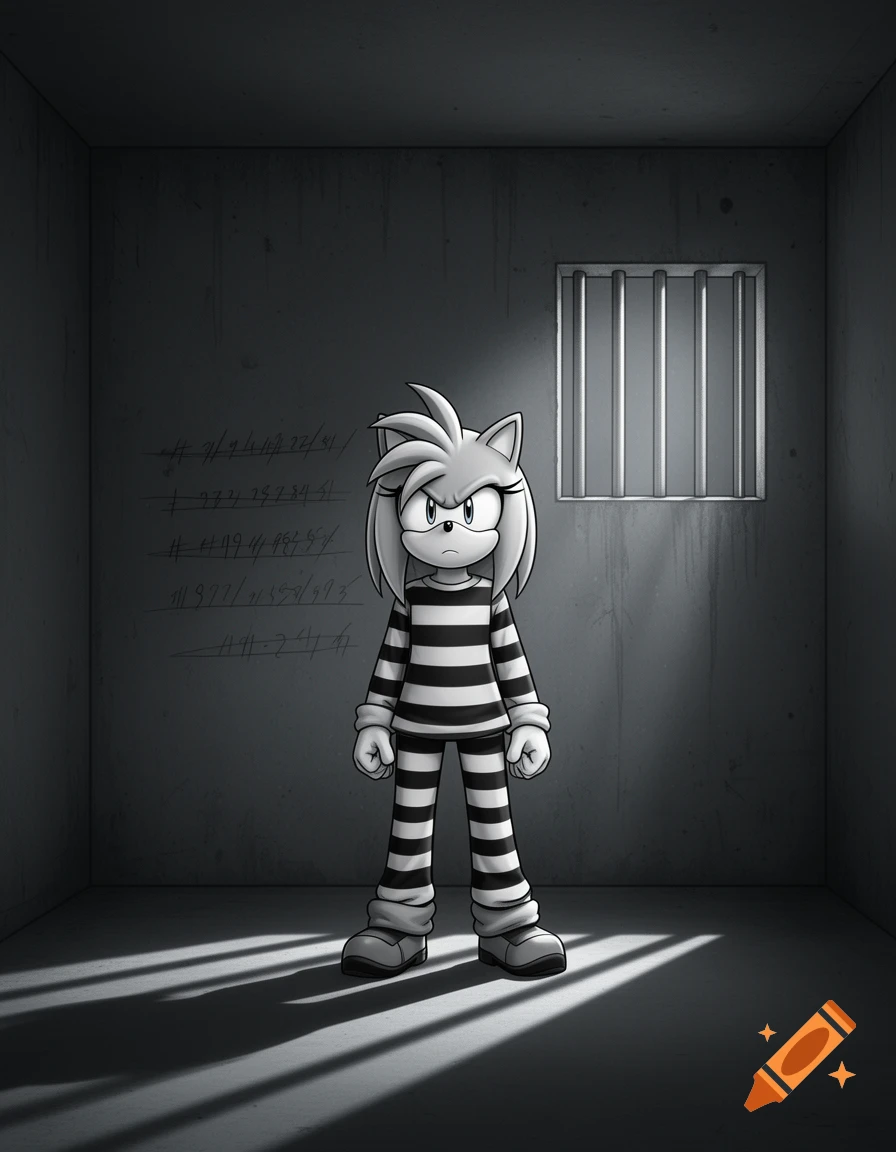 Amy Rose from Sonic the Hedgehog in a black and white striped prisoner uniform, standing in a dim prison cell with barred window light shining on the floor and numerical markings on the wall.