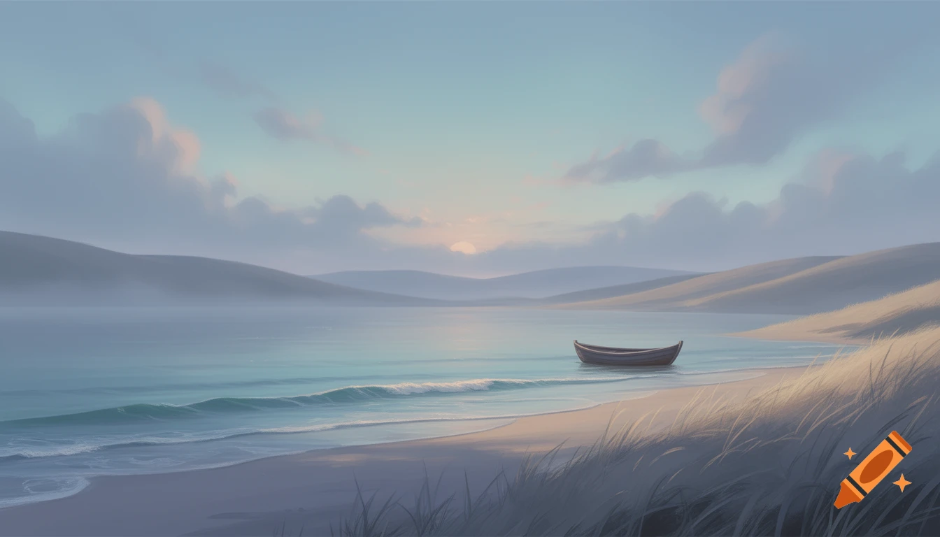Digital painting of a peaceful beach at sunrise/sunset, with a small boat on the shore, calm water, and rolling hills.