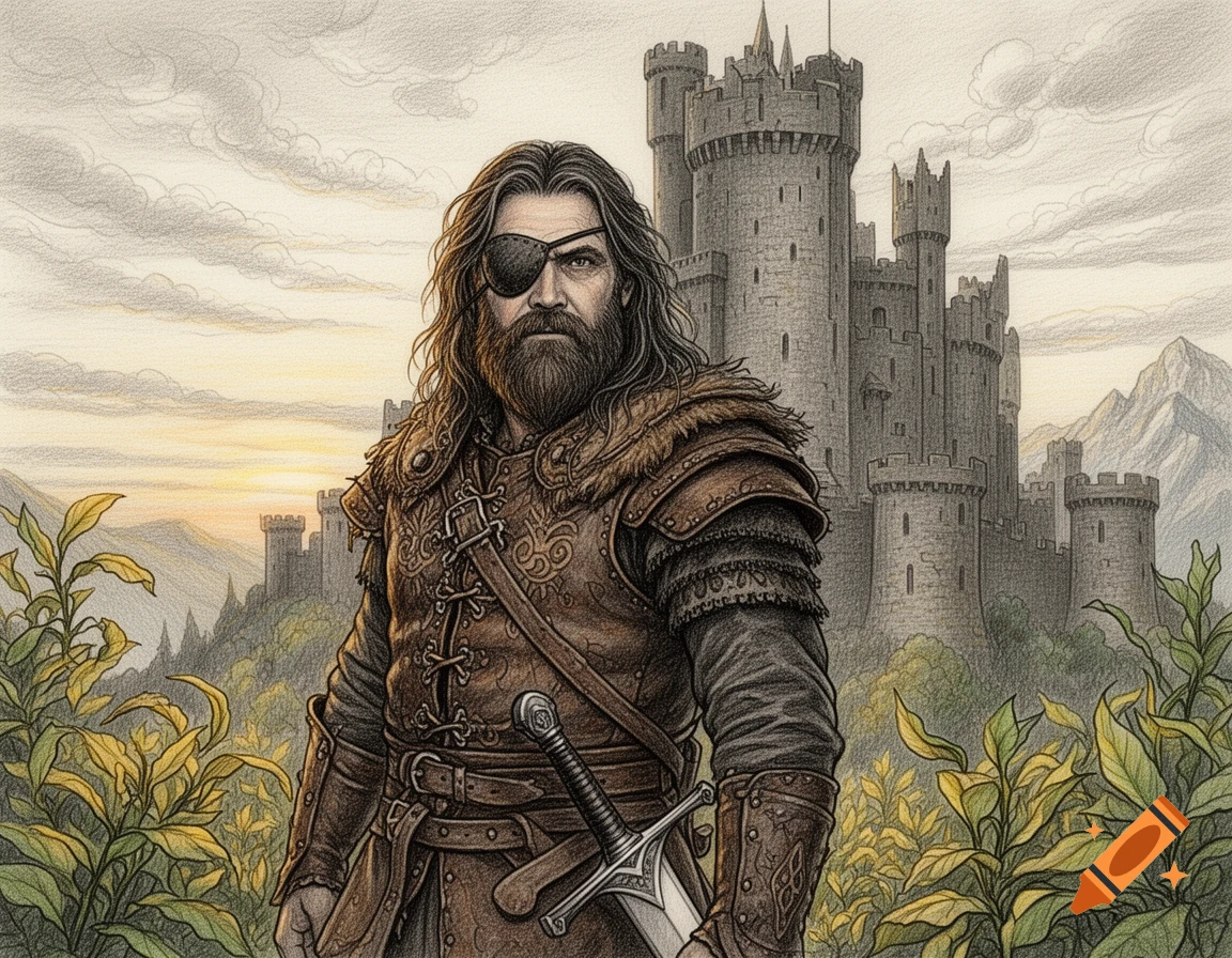 A bearded man with an eyepatch and sword stands before a medieval ...