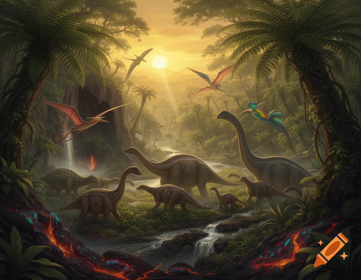 Prehistoric jungle scene with long-necked dinosaurs, flying pterodactyls, a waterfall, and glowing lava at sunset.