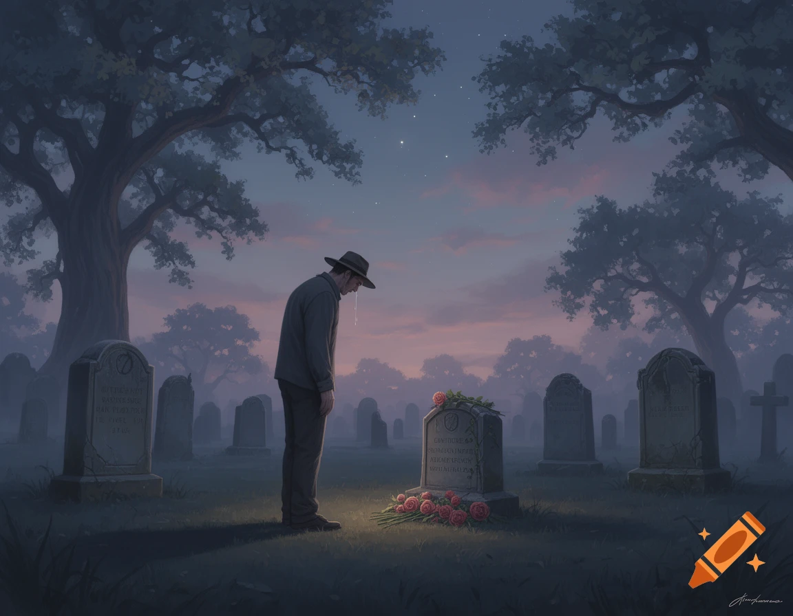 A sad man in a hat bows his head in front of a flower-laden tombstone in a misty cemetery at dawn.