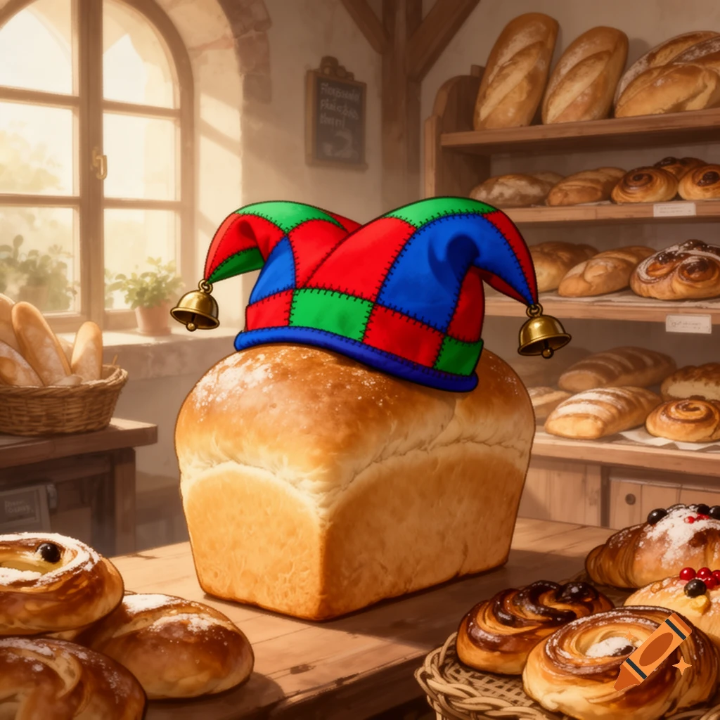 A large loaf of bread wearing a colorful jester's hat sits on a wooden counter in a cozy bakery filled with various baked goods. Photorealistic style.