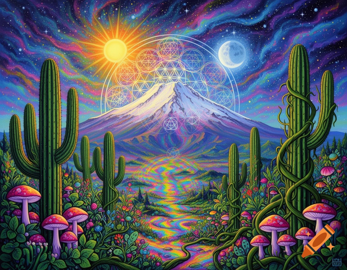 A vibrant, psychedelic landscape with a snow-capped mountain, saguaro cacti, colorful mushrooms, and sacred geometric patterns under a starry sky with both sun and moon.