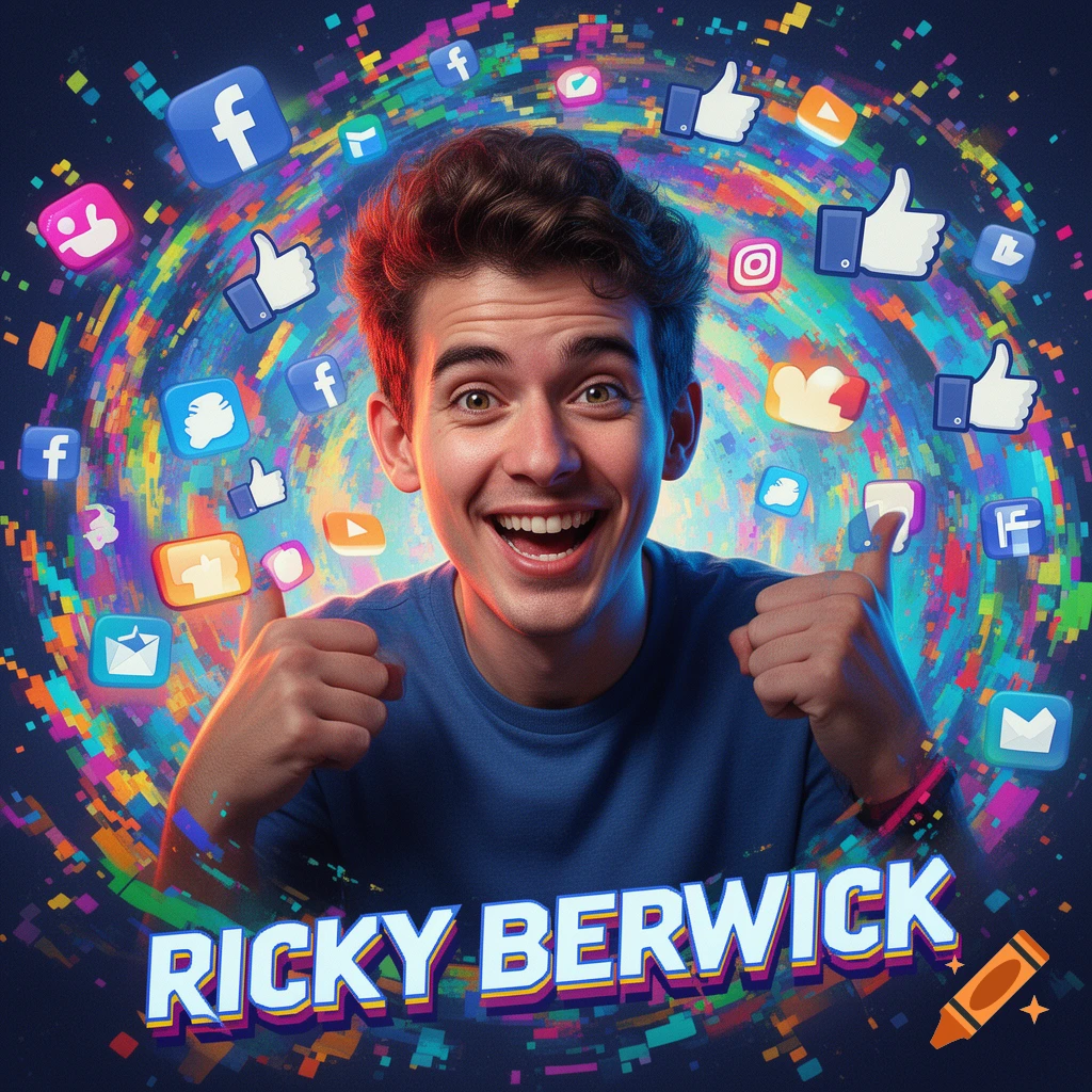 A smiling young man gives thumbs up, surrounded by colorful social media icons and digital effects, with 'RICKY BERWICK' at the bottom.