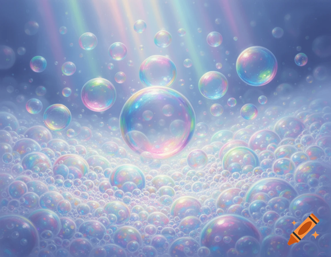Hundreds of colorful, iridescent bubbles and soapy suds float in a light blue sky with rainbow light rays.