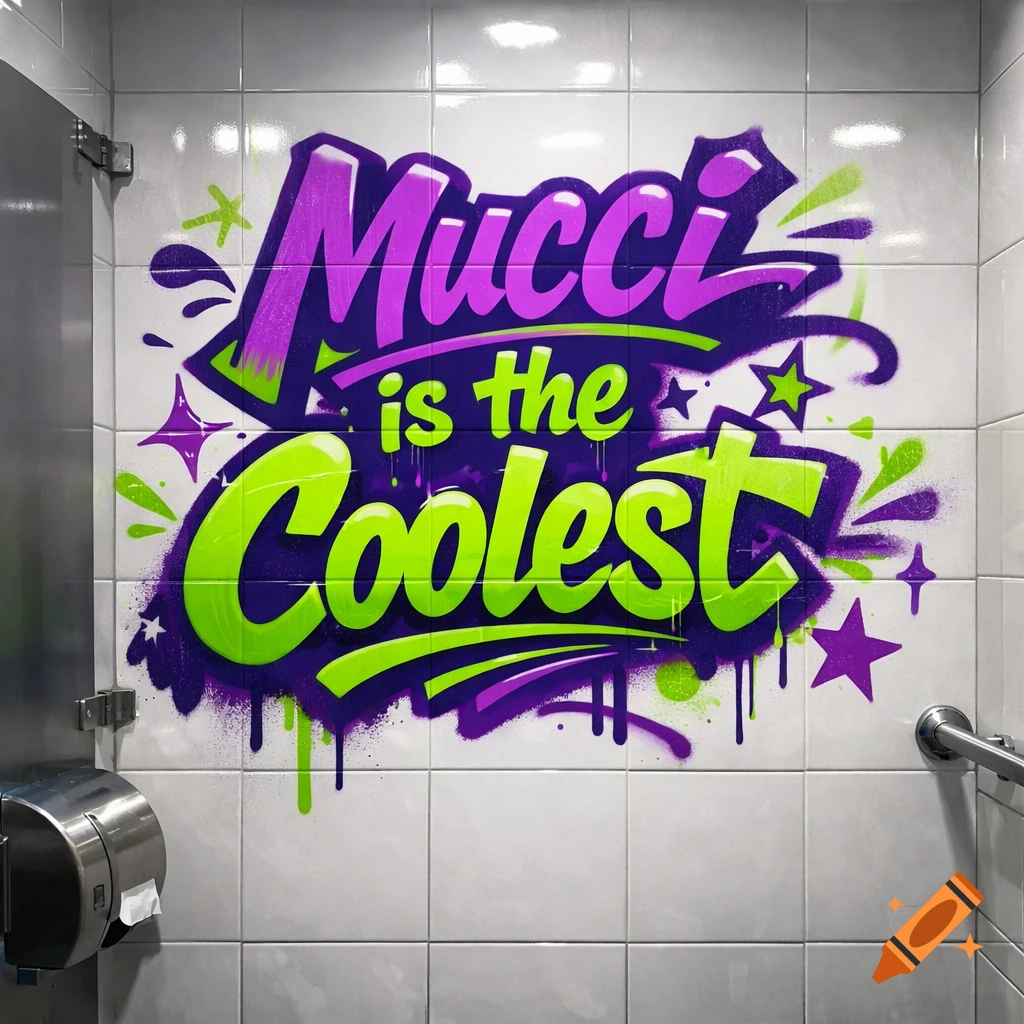 Graffiti art reading 'Mucci is the Coolest' in purple and green spray paint on white bathroom tiles, next to a toilet paper dispenser.