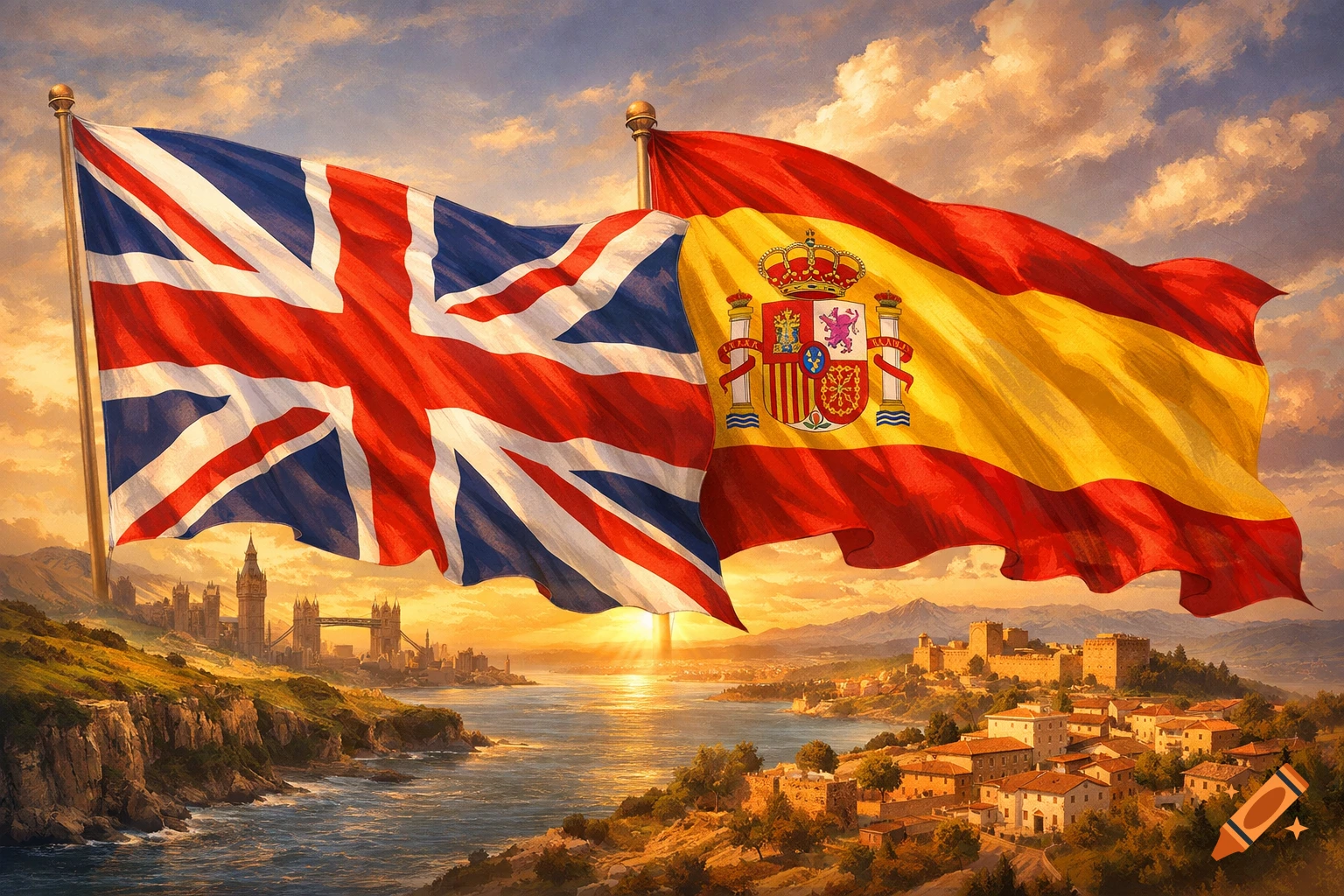 A Union Jack and a Spanish flag wave over a detailed landscape at sunrise, with a London skyline on the left and a Spanish village on the right, in a painterly style.