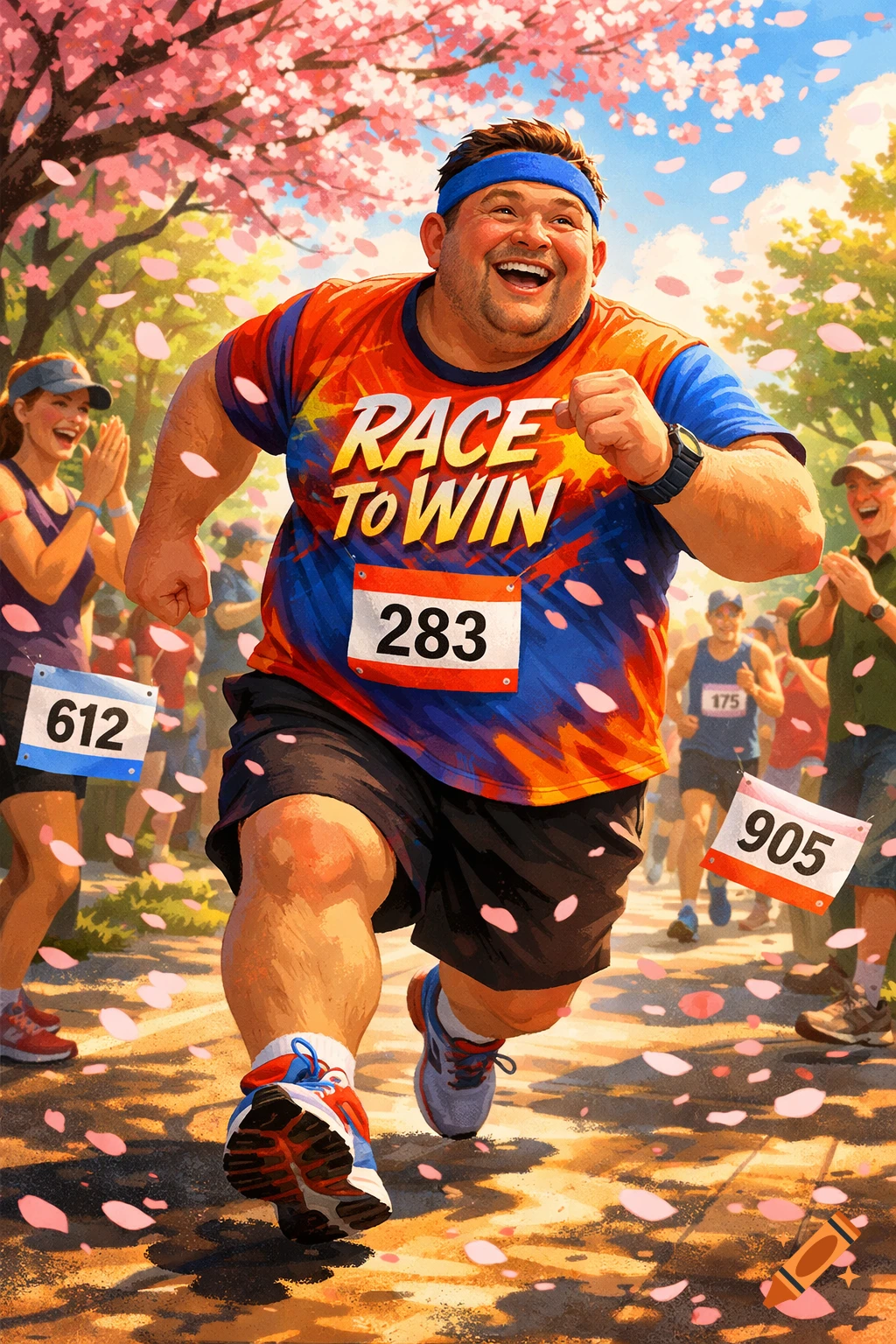 A joyful man in a colorful 'RACE TO WIN' shirt runs a race under a cherry blossom tree, with pink petals falling. Other runners cheer in the background.