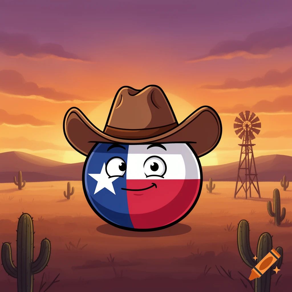 A cartoon Texas flag Countryball character wearing a cowboy hat smiles in a desert with cacti and a windmill at sunset.