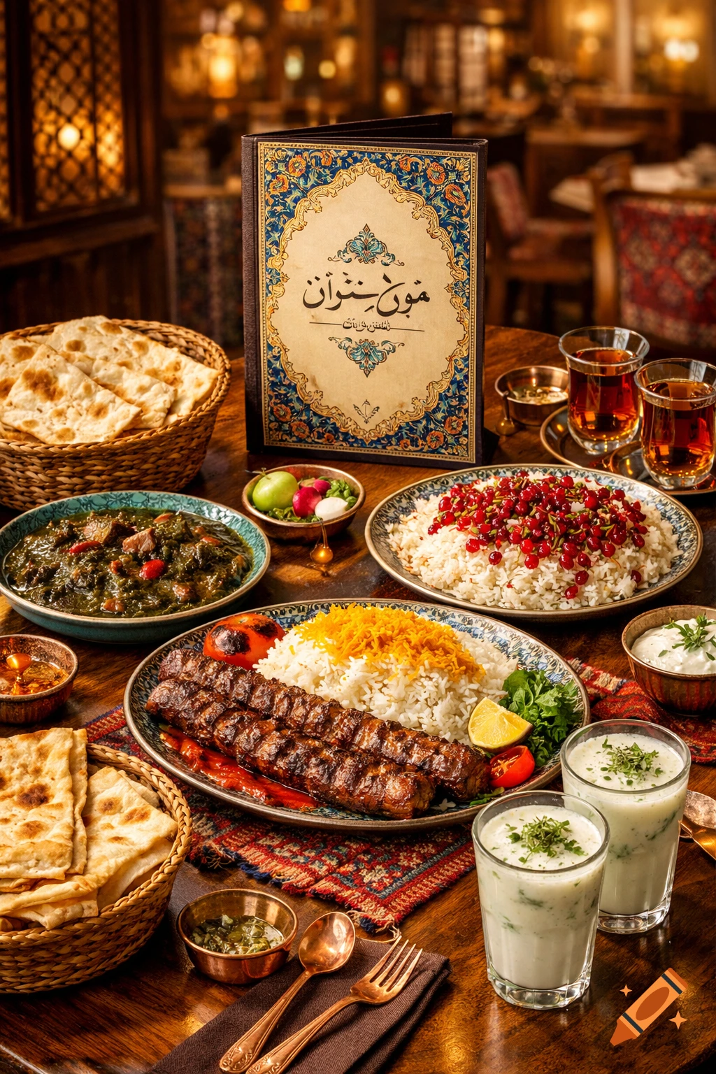 A beautifully set Persian dining table with chelo kebab, ghormeh sabzi, zereshk polo, bread, doogh, saffron rice, and a traditional menu in a warm, inviting restaurant.