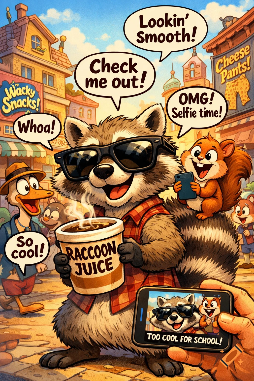Cartoon raccoon in sunglasses holding a 'Raccoon Juice' cup takes a selfie with a squirrel on a bustling street.