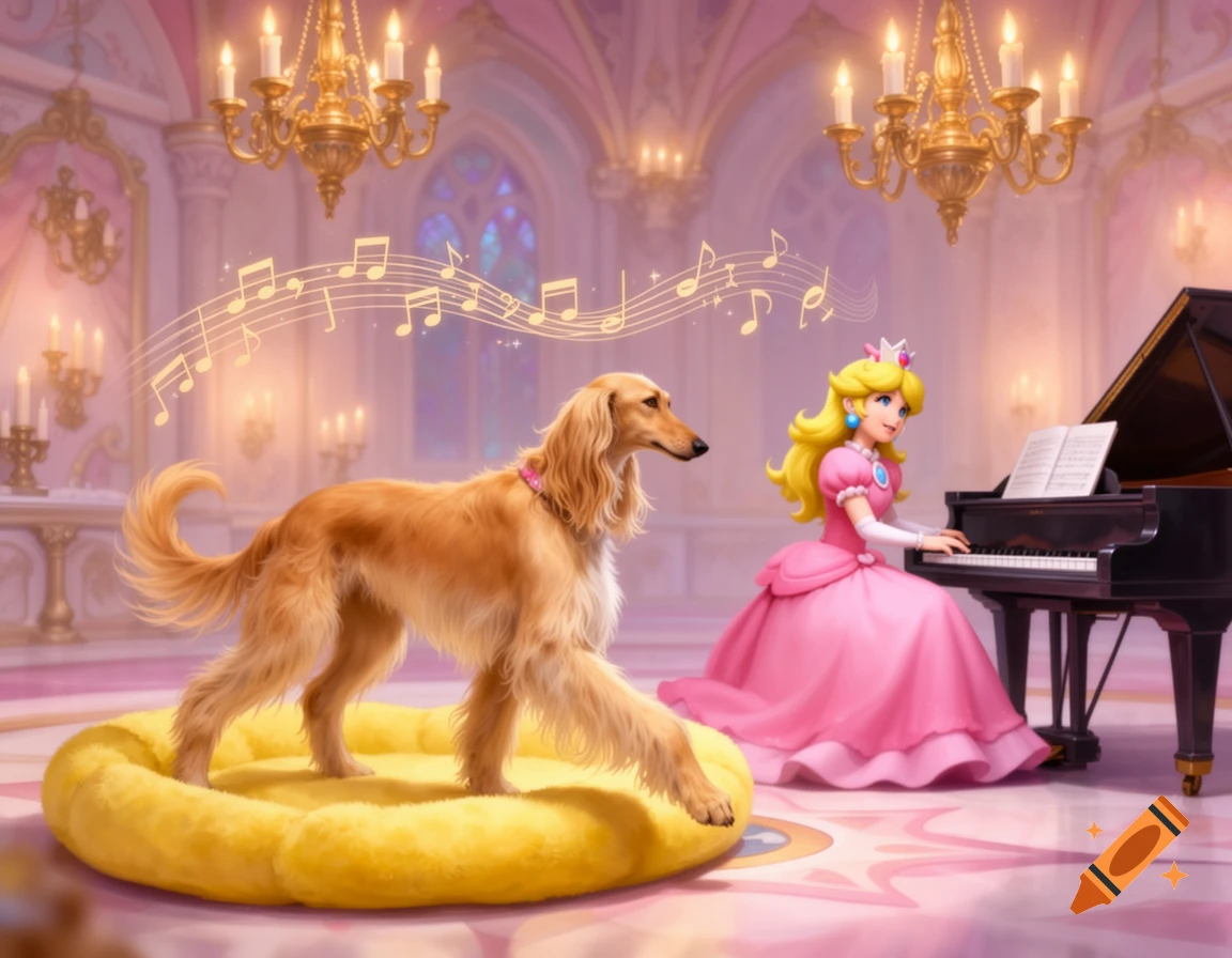Princess Peach plays piano in a grand castle, with a golden Afghan hound standing on a yellow bed and musical notes overhead.