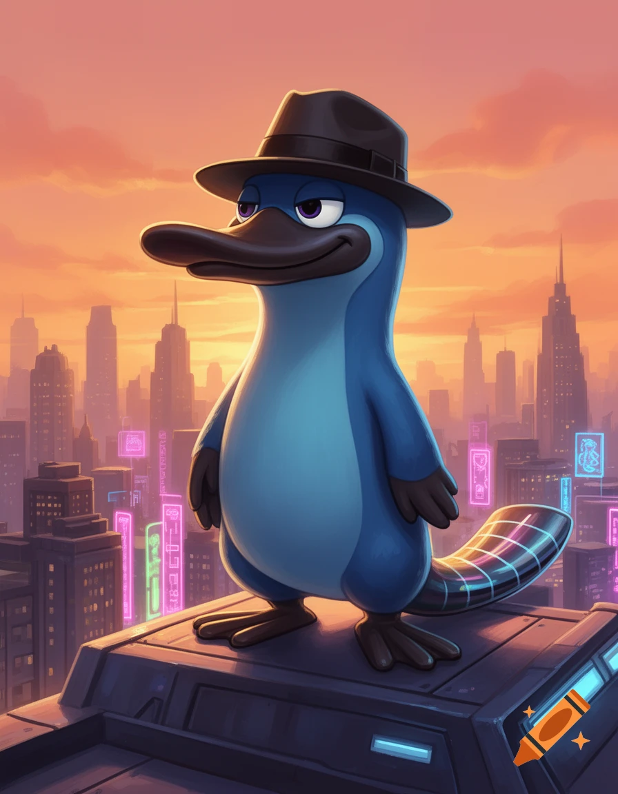 A blue platypus in a fedora stands on a futuristic rooftop, overlooking a city with neon lights against an orange sunset sky in a cartoon style.