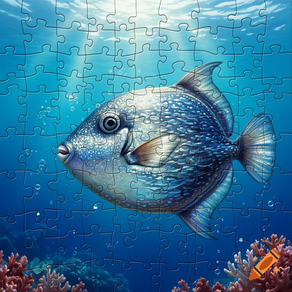 A blue fish with white spots swimming underwater among coral, depicted as a jigsaw puzzle.