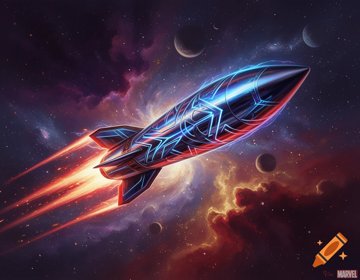 A stylized red and blue rocket with glowing lines speeds through outer space, passing planets and colorful nebulae.