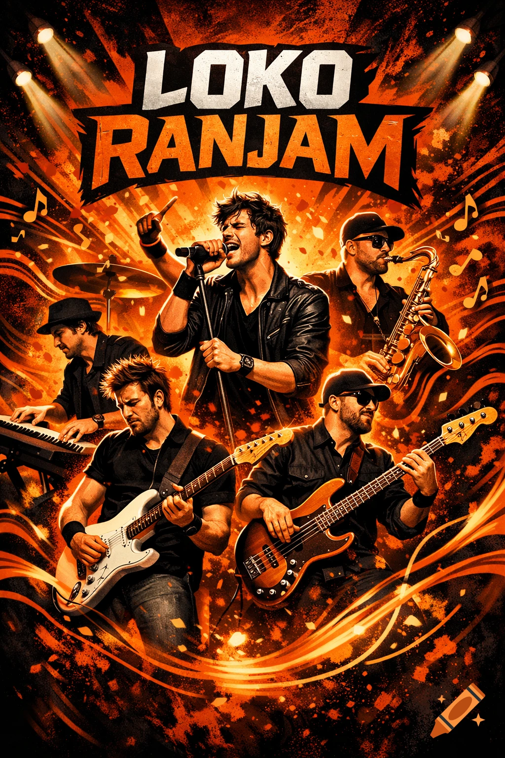 Stylized orange and black poster for the pop-rock band LOKO RANJAM, featuring six musicians performing on stage.