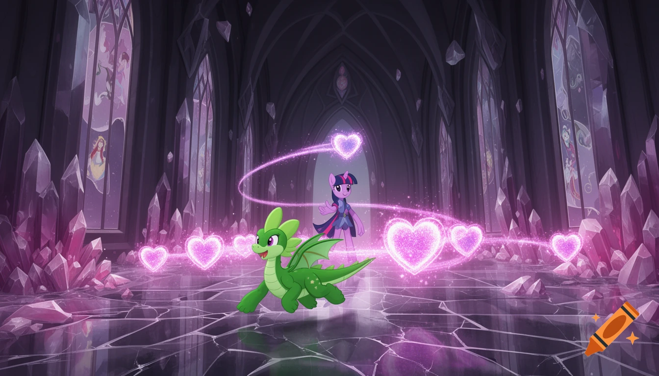 Twilight Sparkle casts glowing heart spells at a running green dragon Spike in a dark crystal castle. Animated fantasy scene.