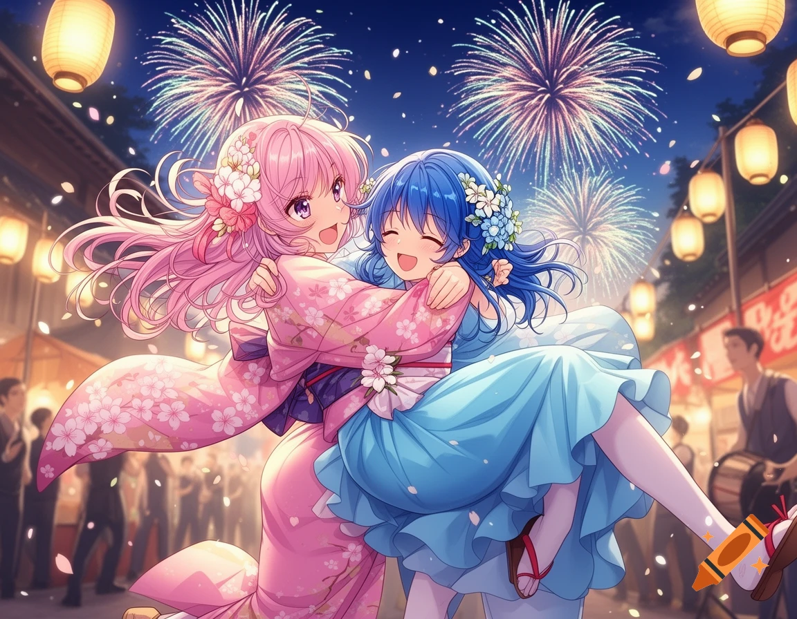Two smiling anime girls, one in a pink kimono and one in a blue dress, embrace during a vibrant fireworks festival.