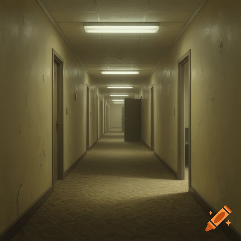 A long, dimly lit hallway with textured yellow walls, patterned carpet, and numerous doors, one of which is slightly ajar in the distance.