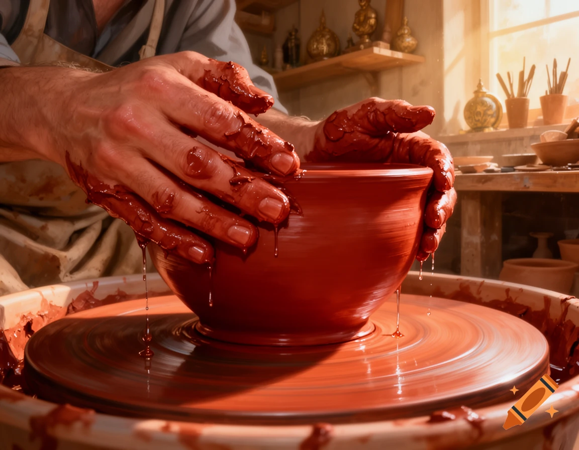 Close-up of hands covered in red clay, skillfully shaping a bowl on a spinning pottery wheel in a sunlit workshop.