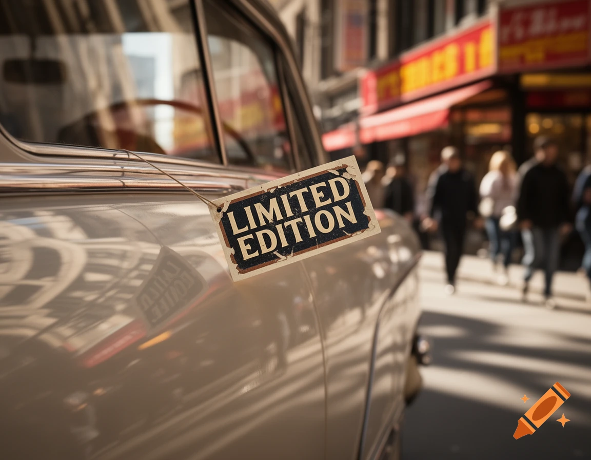 A close-up of a vintage car's side with a 'LIMITED EDITION' tag dangling from it, blurred street scene in background.