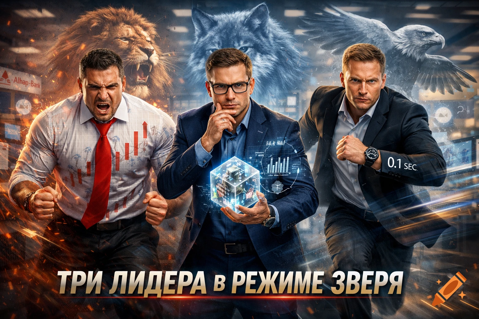 Three intense businessmen, symbolizing force, cunning, and speed, with a roaring lion, a wolf, and an eagle in the background. Digital data elements are visible around them. Text at bottom reads "Three leaders in beast mode" in Russian.