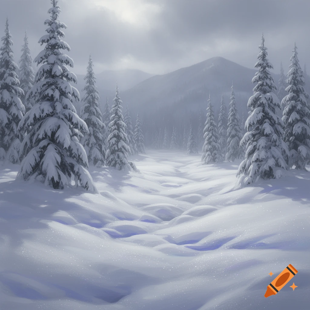 A serene winter landscape featuring deep snow covering a forest of pine ...