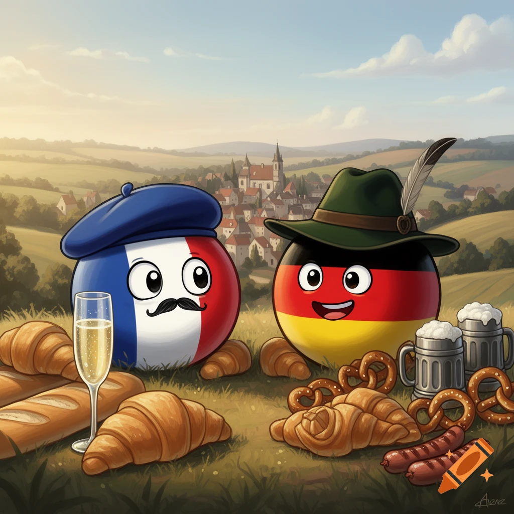 Cartoon of France and Germany countryballs with traditional food in a grassy landscape with a village in the background.