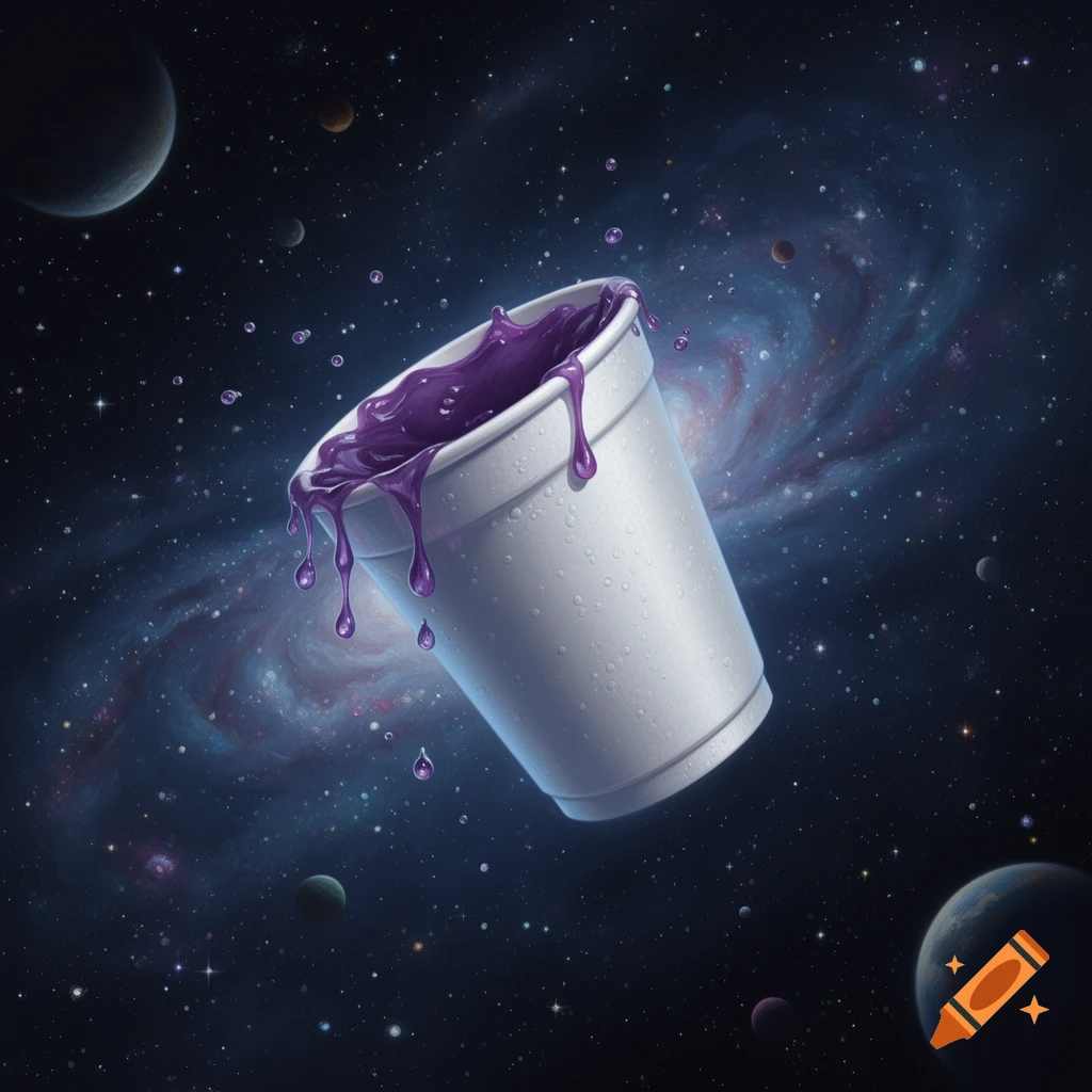 A white styrofoam cup with purple liquid dripping over its rim floats in deep space, surrounded by a swirling galaxy, stars, and distant planets.