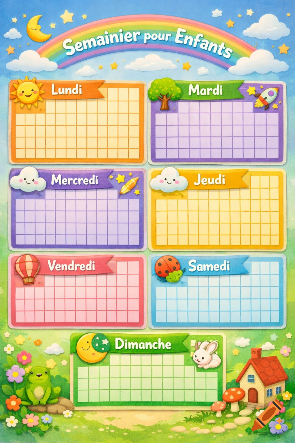 Colorful cartoon weekly planner for children with daily task grids and cute icons like sun, tree, and moon, set in a whimsical landscape.