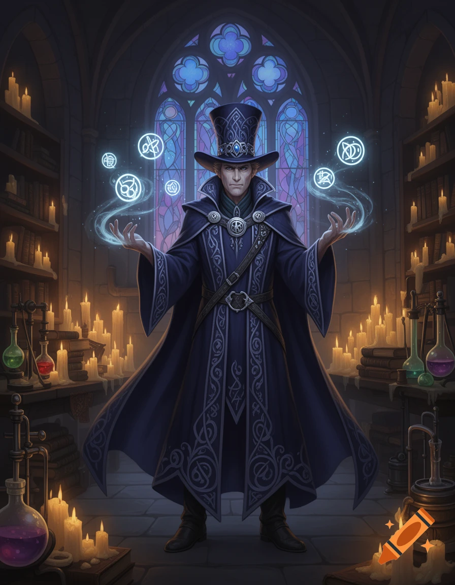 A mage professor in a top hat with glowing magical symbols around his hands, standing in a candlelit arcane library with stained glass windows.